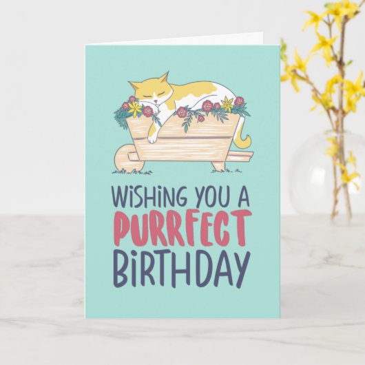 キャットスリーピングおもしろい猫好き目的誕生日 カード (黄色い花)