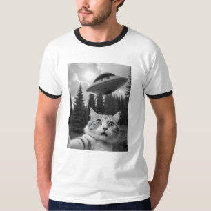 キャットセルフィーUFOティーおもしろいエイリアン誘拐用シャツ Tシャツ