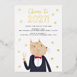 キャットタキシード新年2027年のスパークルパーティー招待状 箔シーズンカード