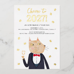 キャットタキシード新年2027年のスパークルパーティー招待状 箔シーズンカード