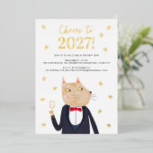 キャットタキシード新年2027年のスパークルパーティー招待状 箔シーズンカード (立ち正面)