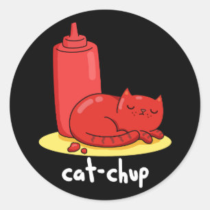 キャットチャップおもしろいレッドケチャップキャットパンプンダークBG ラウンドシール