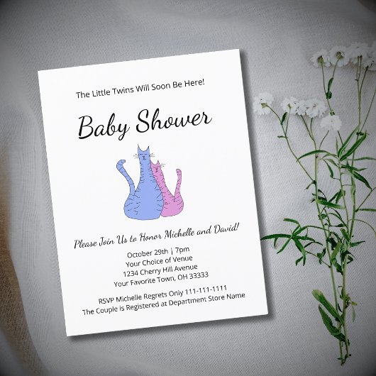 キャットツインズブルーピンクエレガントベビーシャワー 案内ポストカード