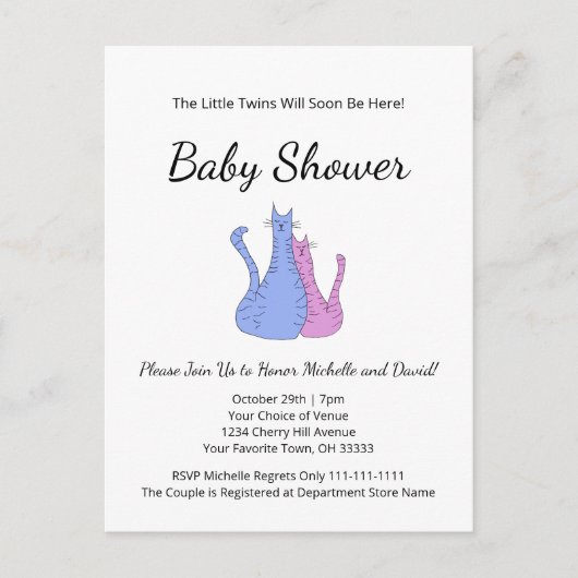 キャットツインズブルーピンクエレガントベビーシャワー 案内ポストカード (正面)