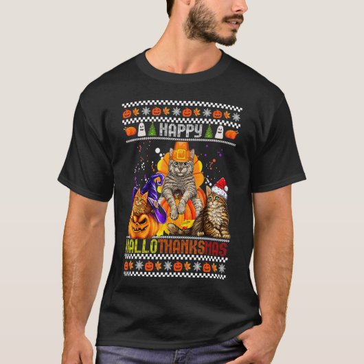 キャットハッピーハロサンクスマスハロウィンサンクスギビングCh Tシャツ (正面)