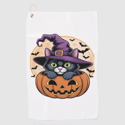 キャットハロウィーンカボチャ黒猫オーバーサイズTシャツ ゴルフタオル (正面)