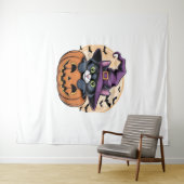 キャットハロウィーンカボチャ黒猫オーバーサイズTシャツ タペストリー (インサイチュ(横))