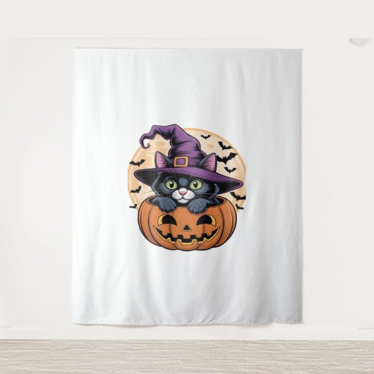 キャットハロウィーンカボチャ黒猫オーバーサイズTシャツ タペストリー (正面)