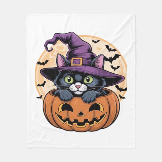 キャットハロウィーンカボチャ黒猫オーバーサイズTシャツ フリースブランケット (正面)