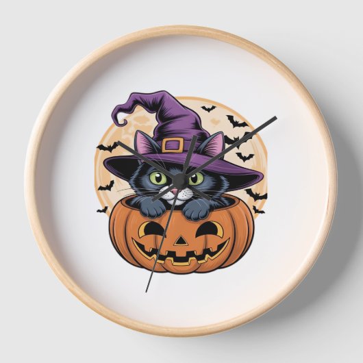 キャットハロウィーンカボチャ黒猫オーバーサイズTシャツ 壁時計 (正面)