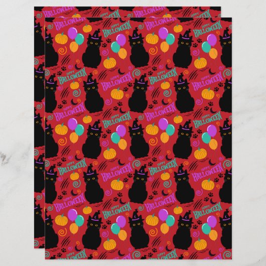 キャットハロウィーンスクラップブック紙イン赤 (正面/裏面)