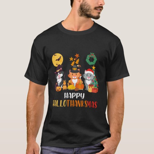 キャットハロウィーンハッピーハロサンクサスサンクスギビング Tシャツ (正面)