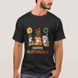 キャットハロウィーンハッピーハロサンクサスサンクスギビング Tシャツ