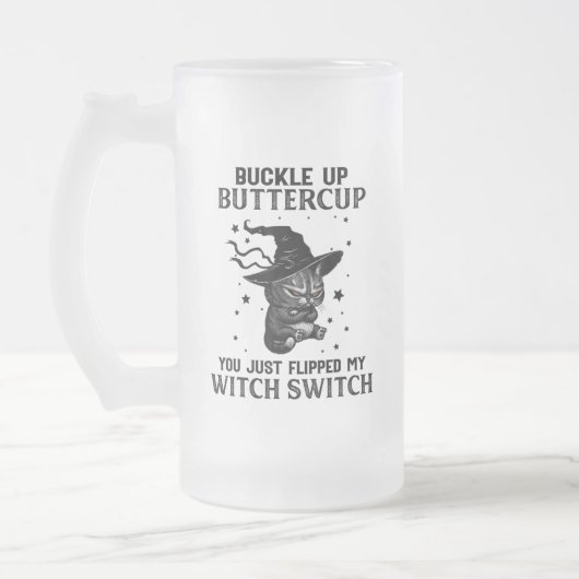 キャットバックルアップバターカップおかしなハロウィーン猫好き フロストグラスビールジョッキ (左)