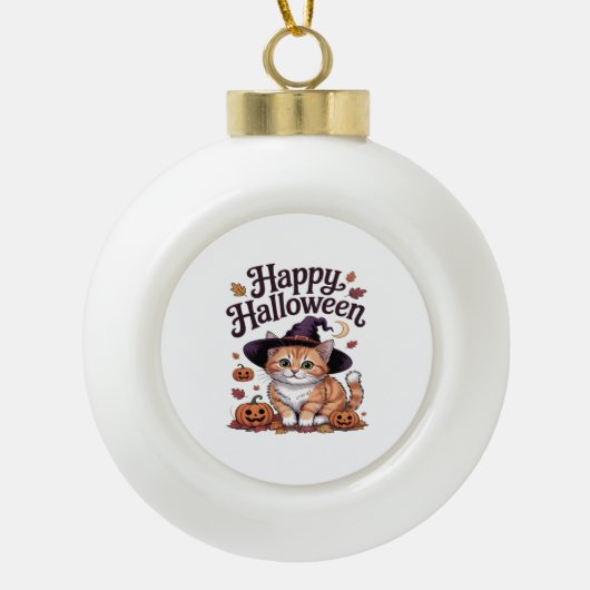 キャットパンプキンハッピーハローウィン セラミックボールオーナメント (正面)