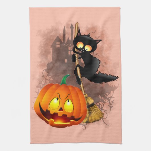 キャットビックバイパンプキンハロウィーンおもしろいキャラクター キッチンタオル (縦)