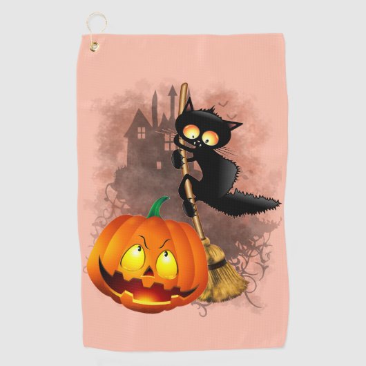 キャットビックバイパンプキンハロウィーンおもしろいキャラクター ゴルフタオル (正面)