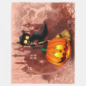キャットビックバイパンプキンハロウィーンおもしろいキャラクター フリースブランケット (正面)