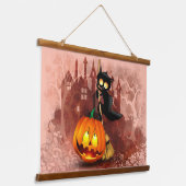 キャットビックバイパンプキンハロウィーンおもしろいキャラクター 吊り下げ型タペストリー (傾斜あり)
