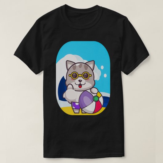 キャットビーチボールシーウェーブティーアニメ猫チビ（小さくかわいく書いた感じ）ドラッグ Tシャツ (デザイン正面)