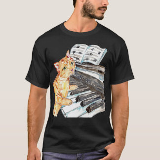キャットピアノウォーター絵画カラーのプリントアート Tシャツ