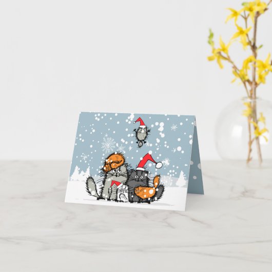 キャットファミリークリスマス,雪,漫画,おもしろい休日 カード (黄色い花)