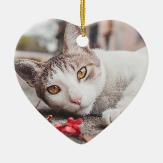 キャットファーフォーエバーホームクリスマスホワイトハート セラミックオーナメント (正面)