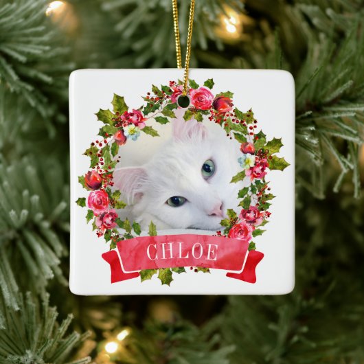 キャットフォトウォーターカラーリース セラミックオーナメント (ツリー)