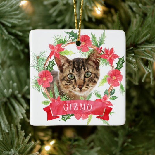 キャットフォトウォーターカラーリース セラミックオーナメント (ツリー)