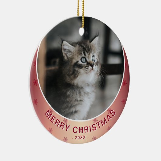 キャットフォトレッドスノーフレークメタリッククリスマス セラミックオーナメント (右)