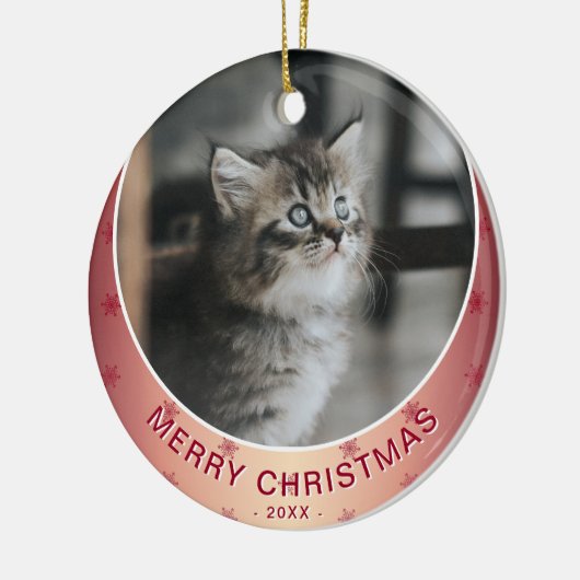 キャットフォトレッドスノーフレークメタリッククリスマス セラミックオーナメント (左)