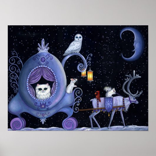 キャットブルーキャリッジ冬フクロウ白い鹿かわいい ポスター (正面)