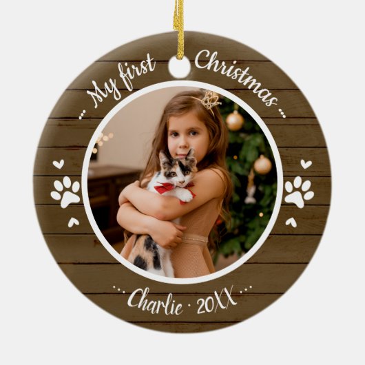 キャットペット初めてのクリスマスシンプルの写真素朴 セラミックオーナメント (裏面)