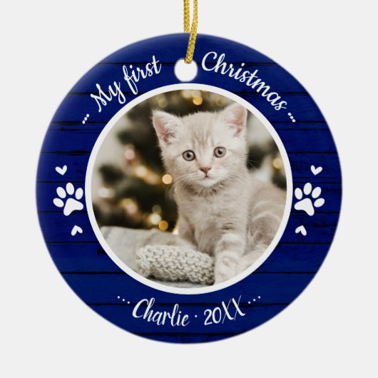 キャットペット初めてのクリスマスシンプルフォトブ素朴ルー セラミックオーナメント (正面)