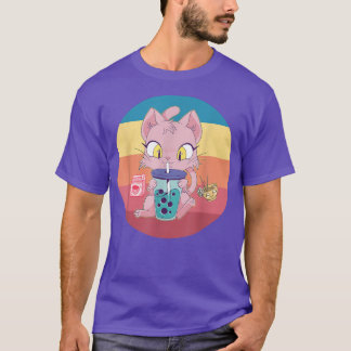キャットボバブルティーTシャツアニメかわいい猫わら Tシャツ