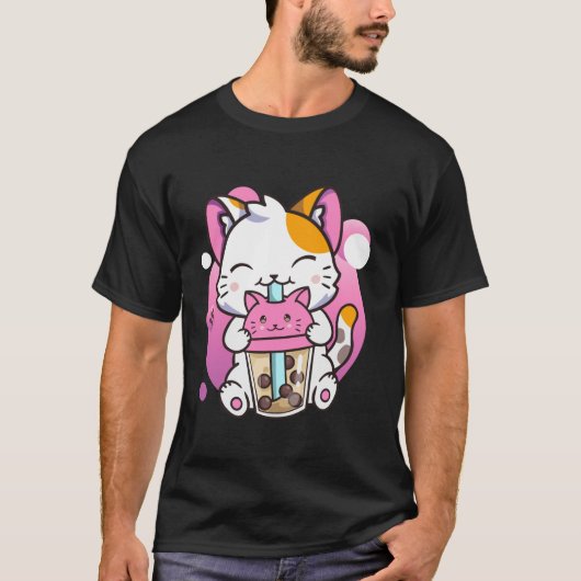 キャットボバ茶かわいいアニメギフトおもしろいウォー男性へム Tシャツ (正面)