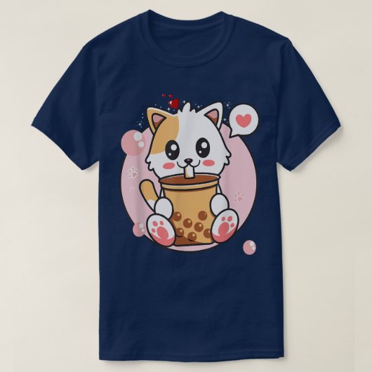 キャットボバ茶バブルティーかわいいアニメガール日本の Tシャツ (デザイン正面)