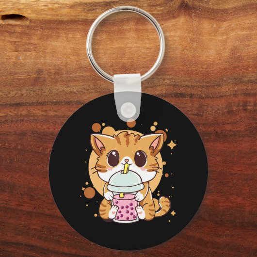 キャットボバ茶バブルティーかわいいアニメ日本の猫 キーホルダー (正面)