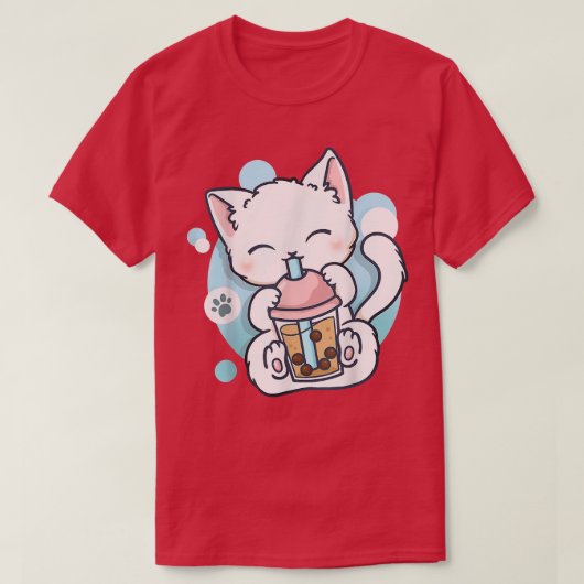 キャットボバ茶バブルティーかわいいアニメ日本の猫 Tシャツ (デザイン正面)