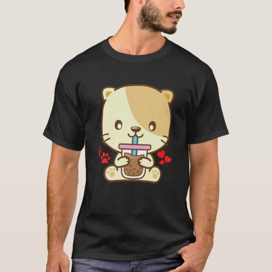 キャットボバ茶バブルティーかわいいアニメ日本の猫 Tシャツ (正面)