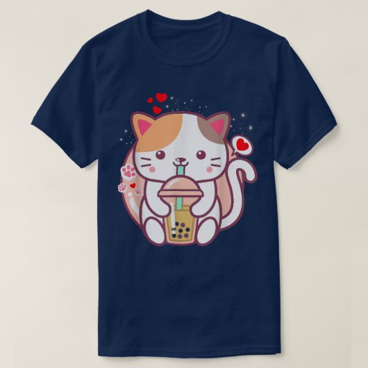 キャットボバ茶バブルティーかわいいアニメ日本の猫 Tシャツ (デザイン正面)