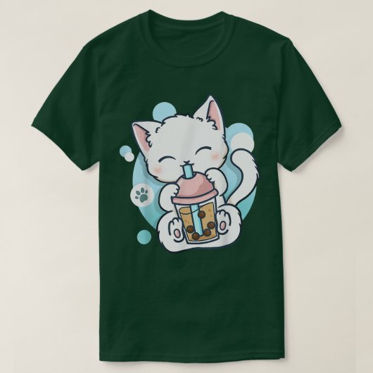 キャットボバ茶バブルティーかわいいアニメ日本の猫 Tシャツ (デザイン正面)