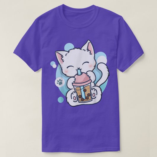 キャットボバ茶バブルティーかわいいアニメ日本の猫 Tシャツ (デザイン正面)