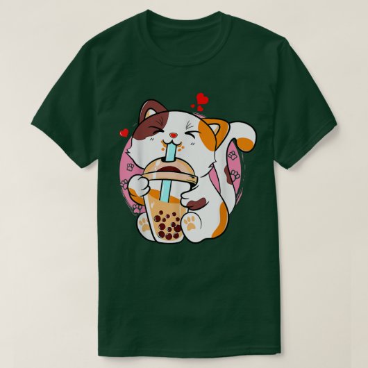 キャットボバ茶バブルティーアニメかわいいネコミルクティー Tシャツ (デザイン正面)