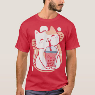 キャットボバ茶バブルティーアニメかわいいネコミルクティー Tシャツ