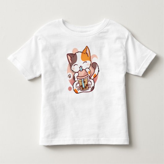 キャットボバ茶バブルティーアニメかわいい女児猫 トドラーTシャツ (正面)