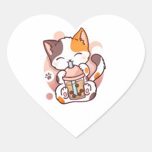 キャットボバ茶バブルティーアニメかわいい女児猫 ハートシール