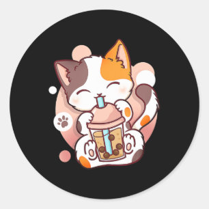 キャットボバ茶バブルティーアニメかわいい女児猫 ラウンドシール
