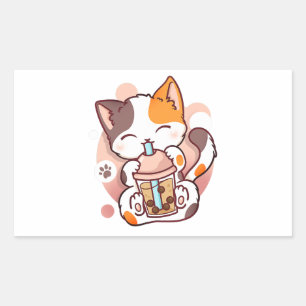 キャットボバ茶バブルティーアニメかわいい女児猫 長方形シール