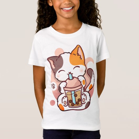 キャットボバ茶バブルティーアニメかわいい女児猫 Tシャツ (正面)
